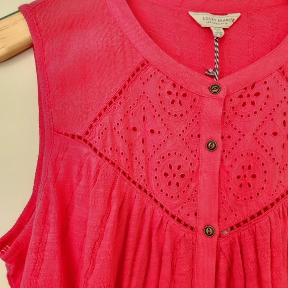 Lucky Brand Eyelet Yoke Tank Sleeveless Top Boho feminine Girly Cute Pink Medium - Picture 5 of 12